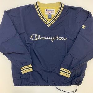 Vintage Champion Pullover V-neck Blue Gold Windbreaker Jacket Men’s XL Nylon